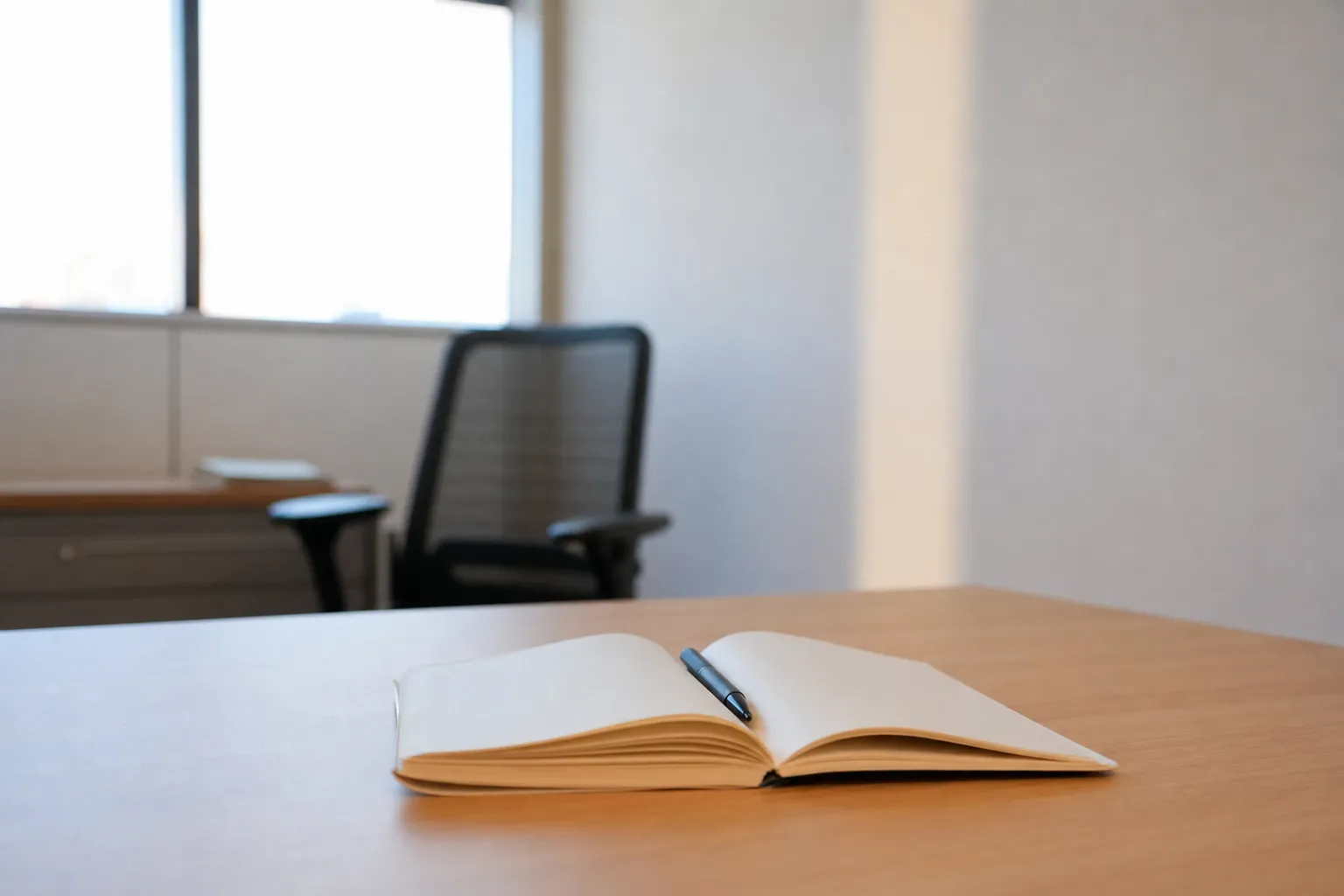 Bureau sobre et lumineux, table en bois clair avec un carnet ouvert, lumière de jour